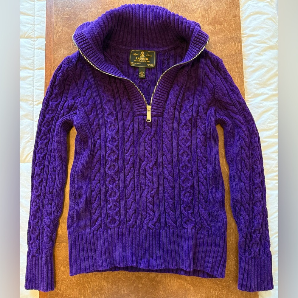LRL 100% Cotton Royal Purple Cable Knit Quarter Zip S